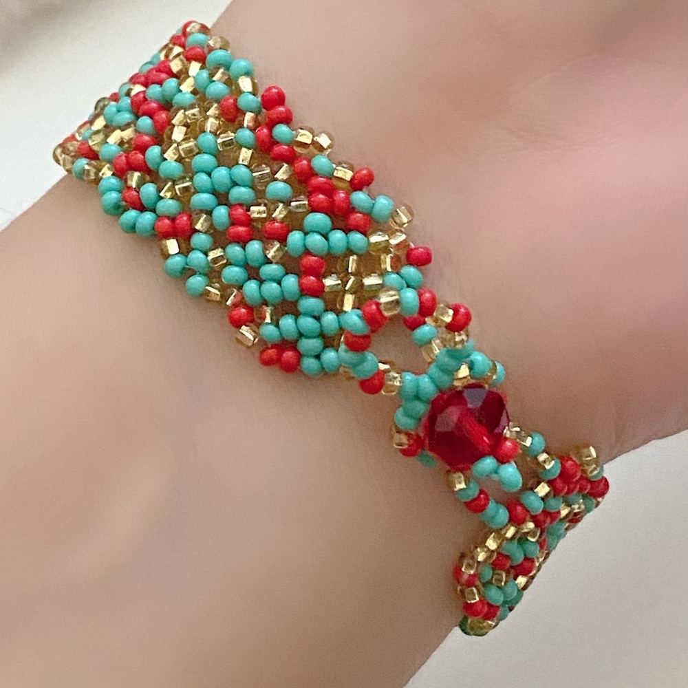 Thin red, blue & gold bracelet